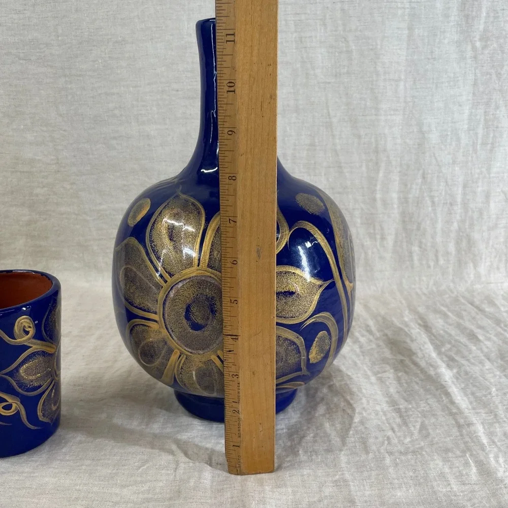 Cobalt Blue Gold Floral Tonala Bedside Water Carafe Ceramic Vase Eclectic Decor